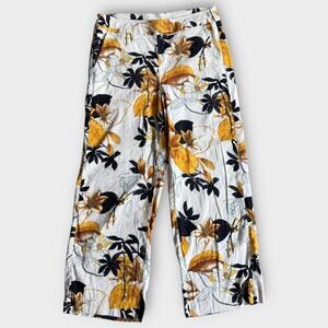 CHICO'S FLORAL LINEN BLEND PULL-ON PANTS WHITE GOLD BLACK BLUE SIZE 1R US 8R